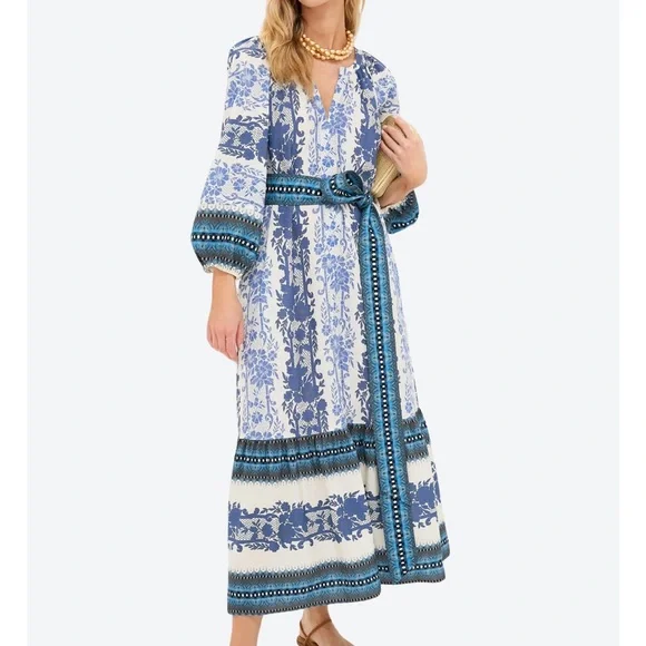 Tuckernuck Blue and White Floral Border-Print Maxi Dress with Tie Belt - Picture 1 of 3